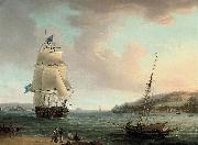 Thomas Whitcombe A crowded flagship of an Admiral of the Blue passing Mount Edgcumbe as she closes into port at Plymouth oil painting artist